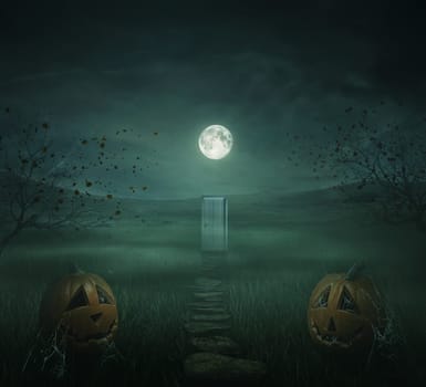 Horror halloween background of autumn valley with spooky trees, pumpkins and spider web. Full moon illuminates the path towards a mysterious door