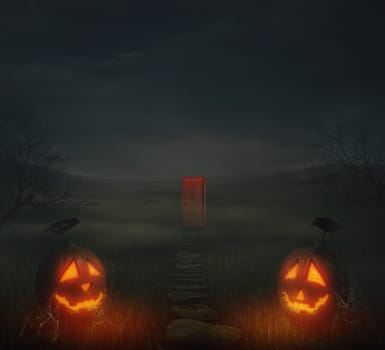 Horror halloween background of autumn valley with spooky trees, jack-o'-lanterns with spider web and a pathway to a mysterious door. Scary faces trick or treat