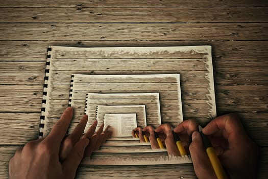 Human hands drawing itself in a album on a wooden table. Create yourself, your future destiny, art illustration, career concept. Hypnotic, paralel reality