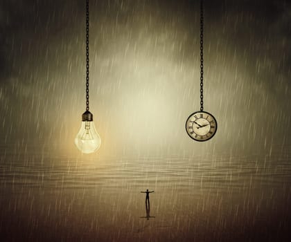 Surreal backround of a man standing with wide opened hands in front of a huge bulb and a clock. Business time and idea concept