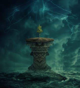 Green tree growing on a lost island in the middle of the ocean. Environmental ecology concept and climate change. Inspirational imaginary view, scary landscape below a dark stormy sky.