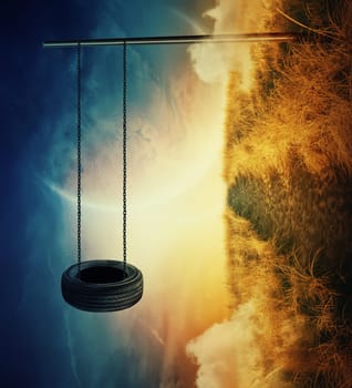 Suspended tire swing bound with a chain to a metallic pillar on a planet with different gravitation. Breaking the physical laws in the distant cosmos. Adventure and freedom on the space horizon.