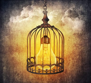 Light bulb locked in a old cage. Locked idea concept