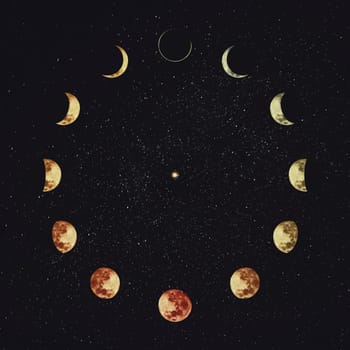 Moon phases over starry night sky background. Astronomy and astrology conceptual scene. Esoteric magic celestial signs, lunar annual calendar, symbol for 12 months, or minimalist clock shape orbit