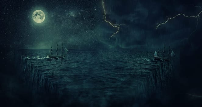 Abstract background with a ship sailing lost in the ocean at night. Adventure and journey concept. Parallel universe, repetitive continuity and multiverse theory