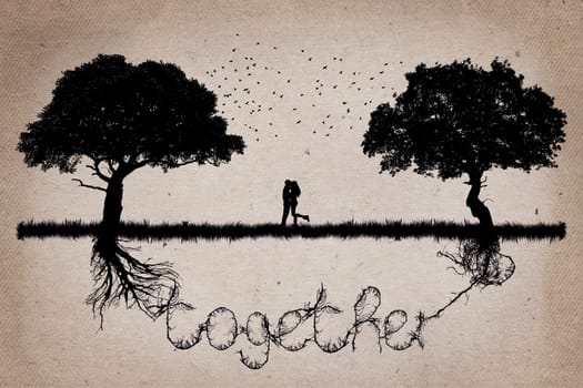 Two trees in front of each other with their roots growing  in shape of the word together and a couple hugging in the middle. Romantic scene. Relationship love and togetherness concept