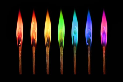 Matches burning in the rainbow colors flames on black background. Individuality concept
