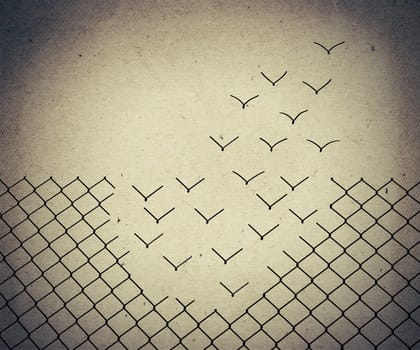 Metallic wire mesh transform into flying birds. Old paper, vintage background