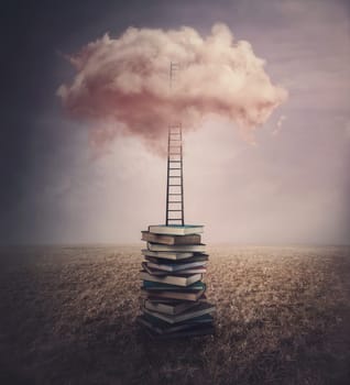 Surreal landscape, conceptual scene with a books pile in the middle of an open meadow, and a ladder or stairway leading up to a pink cloud in the sky. Fantasy world, adventure in search of knowledge