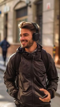 A man in a black jacket and headphones smiling on the street