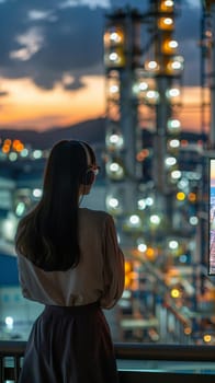 A woman standing on a balcony looking at an industrial area