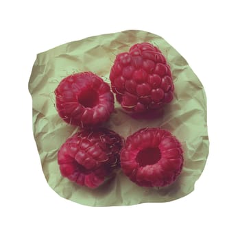 Photo of raspberry fruit on crumpled paper faded colors ai generated element
