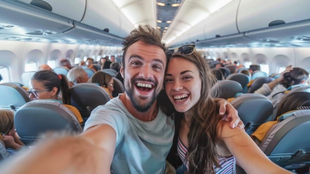 A man and woman taking a selfie on an airplane