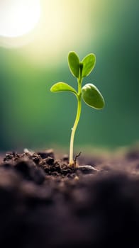 A small plant sprouting from the ground with a bright sun in front of it