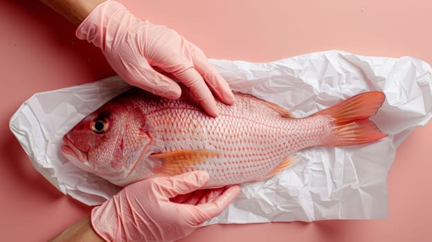 A person in gloves holding a fish on top of paper