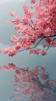 A tree with pink flowers and a reflection of the water