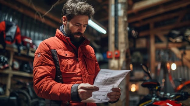 A man in a red jacket looking at something on paper