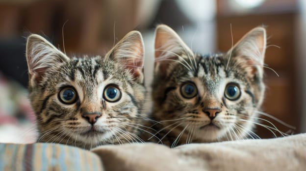 Two kittens are looking at the camera with their eyes wide open