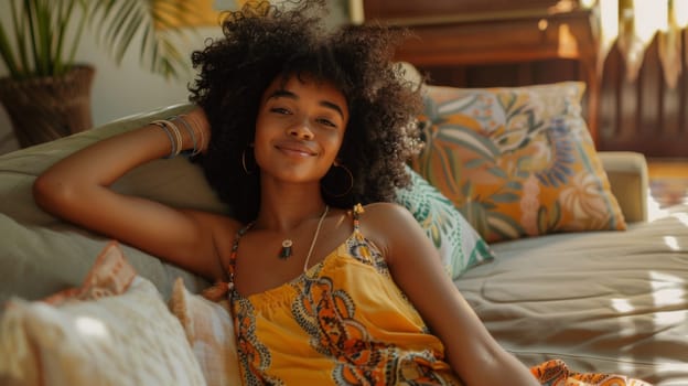 A woman with curly hair sitting on a couch smiling