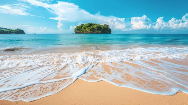 A beach with waves and a small island in the distance