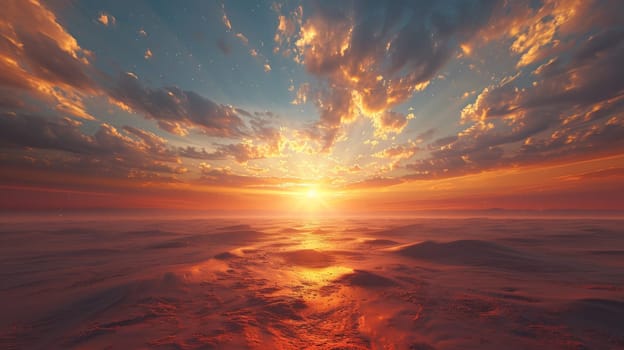 A sunset over a sandy beach with clouds in the sky