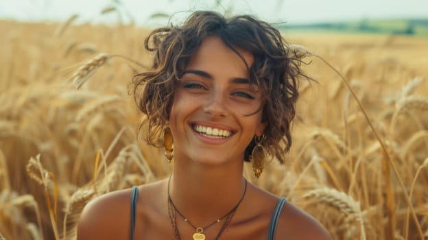 A woman sitting in a field of wheat smiling at the camera