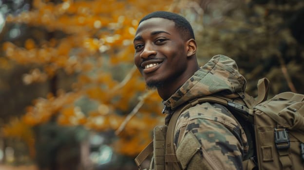 A man in camouflage jacket smiling while standing next to a tree