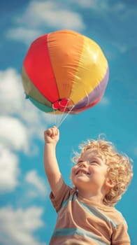 A young boy holding a colorful kite in the air