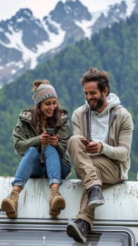 A man and woman sitting on top of a van looking at their cell phones