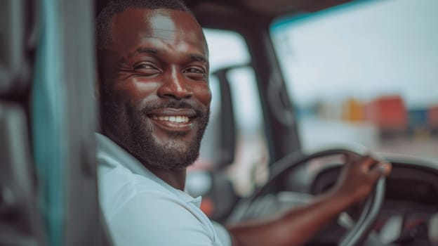 A man smiling while driving a truck in the middle of day