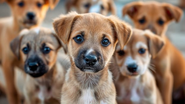 A group of a bunch of puppies are standing together