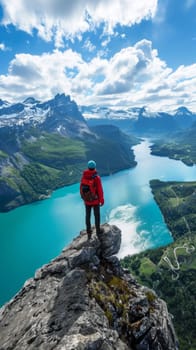 A man standing on top of a cliff overlooking water and mountains