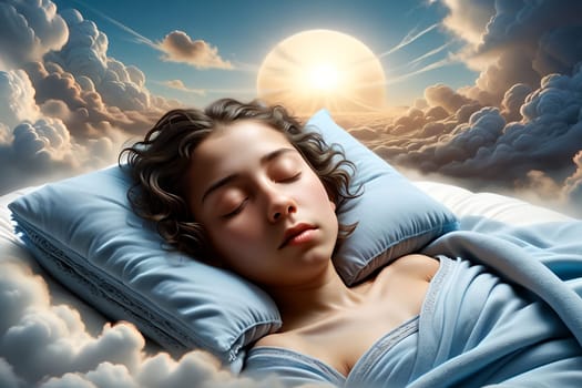 Cute girl sleeping on a pillow against an abstract sky background. AI generated image.