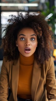 A woman with curly hair sitting at a table looking surprised