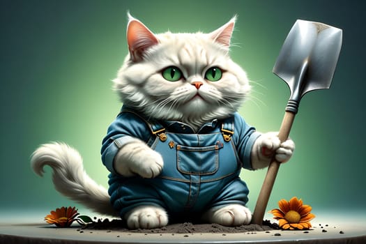 cat with a shovel isolated on a light green background . AI generated image.