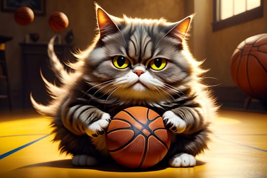 A fat cat goes in for sports, plays basketball. Isolated on a light background. AI generated image.