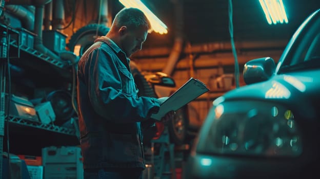 A man in a garage reading something while standing next to car