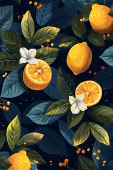 A beautiful seamless pattern of lemons, leaves, and flowers on a dark background, created using art paint. The design features intricate details of petals and plant elements