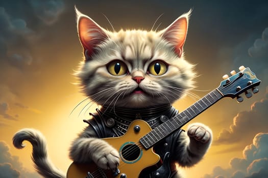 Musician cat plays the guitar and sings. AI generated image.