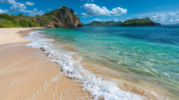 A beach with a clear blue ocean and white sand