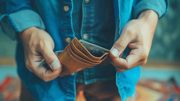 A man holding a wallet with money in it and his hands are empty