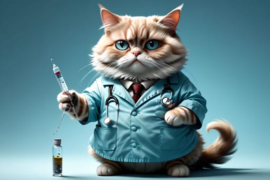 cat doctor isolated on a light blue background. AI generated image.