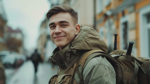A man with a backpack smiling while walking down the street