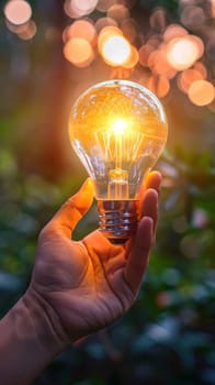 A person holding a light bulb in their hand with some blurry lights