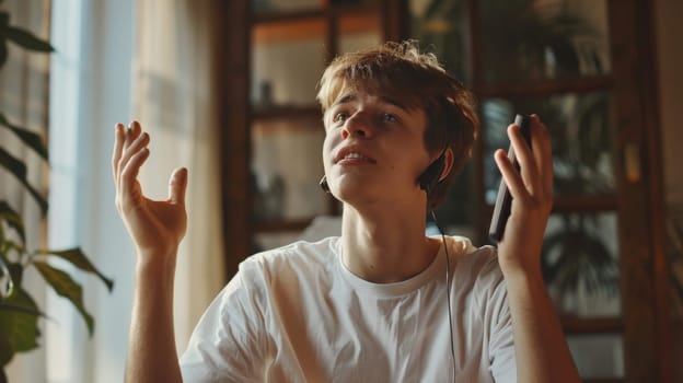 A young man with hands up and a phone in his hand