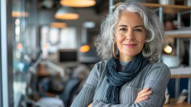 A woman with gray hair and a scarf standing in front of shelves