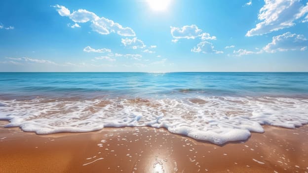 A beach with waves and a blue sky in the background