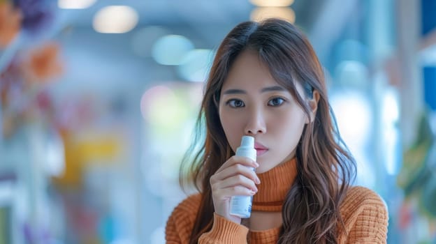 A woman in an orange sweater holding a bottle of something