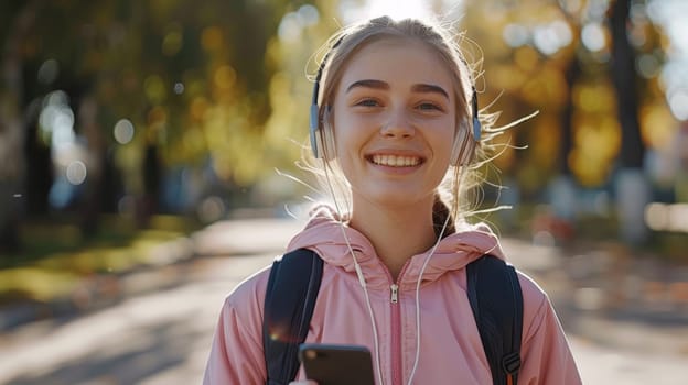 A girl with headphones and a cell phone smiling