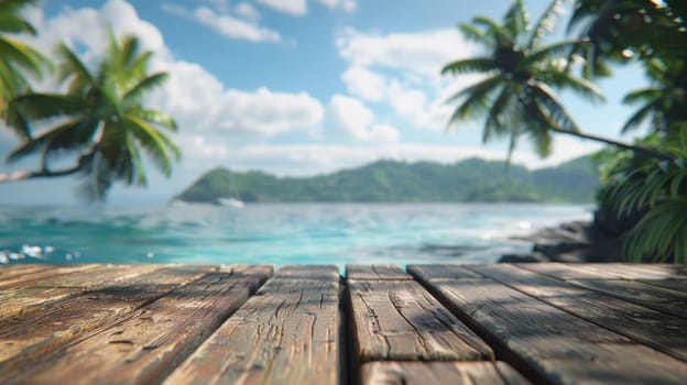 A wooden table with a view of the ocean and trees